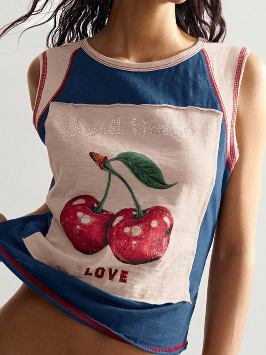 Bohemela Knit Fitted Round Neck Women's Casual Fruit Print Contrast Color Tank Top Cherry Graphic Women Summer Tops Sleeveless Tee Cute