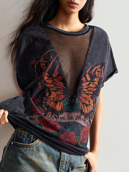 Bohemela Plus Size Women's Letter & Butterfly Print Patchwork Fishnet Design Batwing Short Sleeve Casual T-Shirt/Winter
