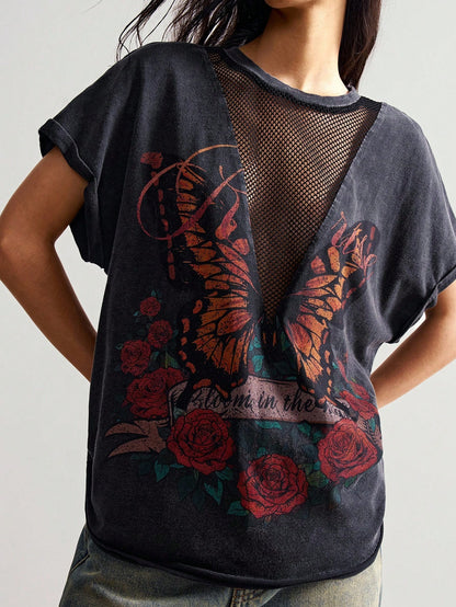 Bohemela Plus Size Women's Letter & Butterfly Print Patchwork Fishnet Design Batwing Short Sleeve Casual T-Shirt/Winter