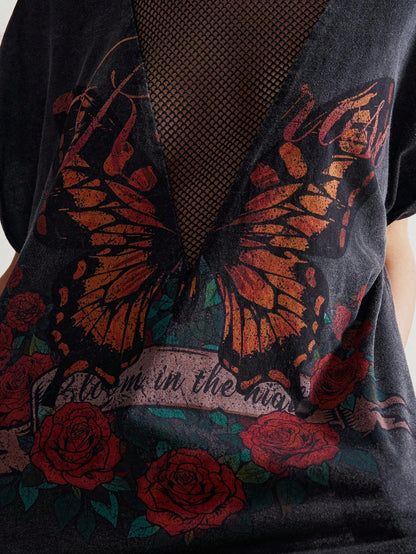 Bohemela Plus Size Women's Letter & Butterfly Print Patchwork Fishnet Design Batwing Short Sleeve Casual T-Shirt/Winter