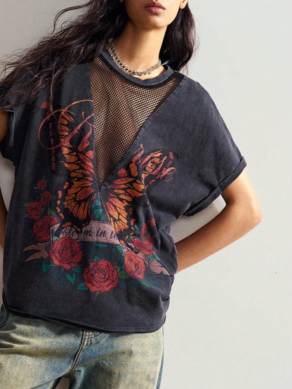 Bohemela Plus Size Women's Letter & Butterfly Print Patchwork Fishnet Design Batwing Short Sleeve Casual T-Shirt/Winter