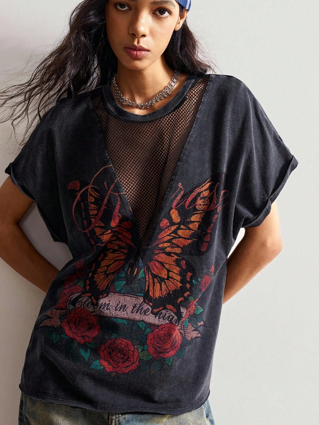 Bohemela Plus Size Women's Letter & Butterfly Print Patchwork Fishnet Design Batwing Short Sleeve Casual T-Shirt/Winter