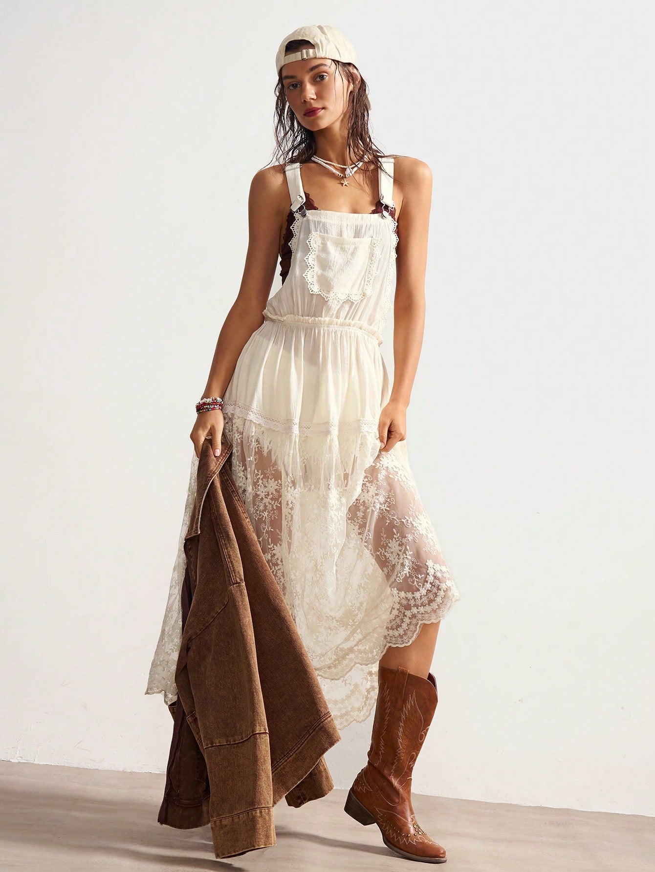 Bohemela Women's Casual Solid Color Woven Splice Lace Trim Loose Cami Midi Dress