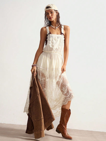 Bohemela Women's Casual Solid Color Woven Splice Lace Trim Loose Cami Midi Dress
