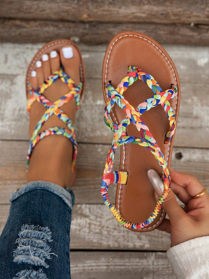 Bohemian Fashion Woven Women's Casual Party Minimalist European & American Style Beach Flat Sandals, Boho Chic