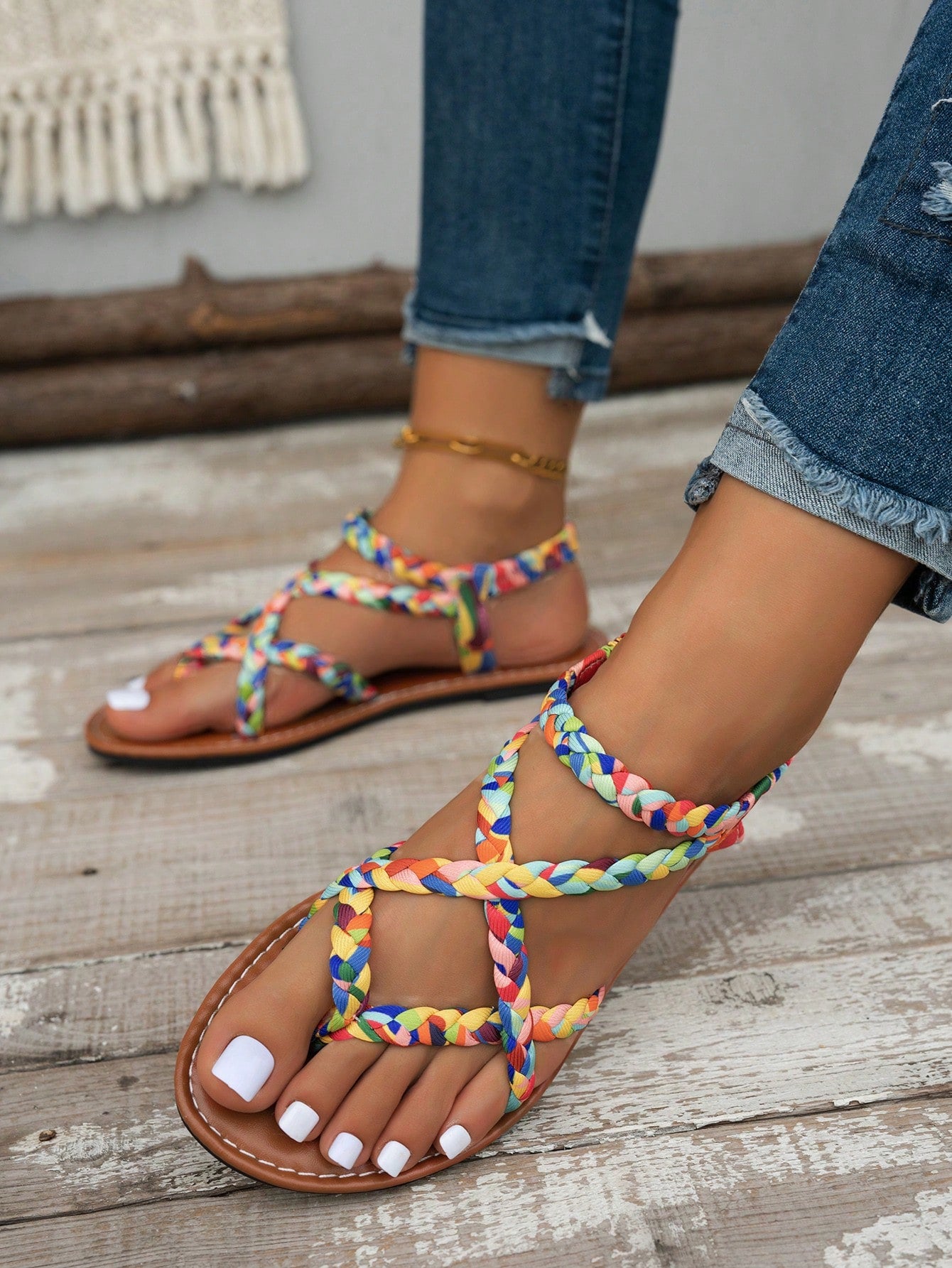 Bohemian Fashion Woven Women's Casual Party Minimalist European & American Style Beach Flat Sandals, Boho Chic