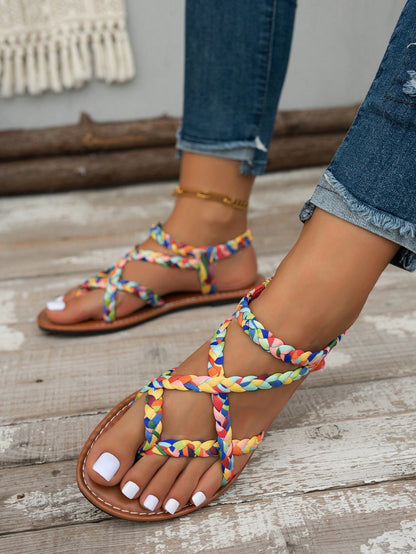 Bohemian Fashion Woven Women's Casual Party Minimalist European & American Style Beach Flat Sandals, Boho Chic