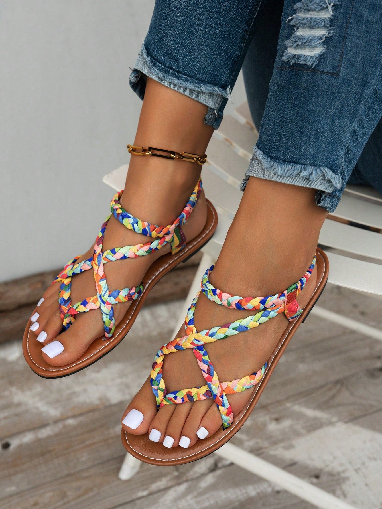 Bohemian Fashion Woven Women's Casual Party Minimalist European & American Style Beach Flat Sandals, Boho Chic