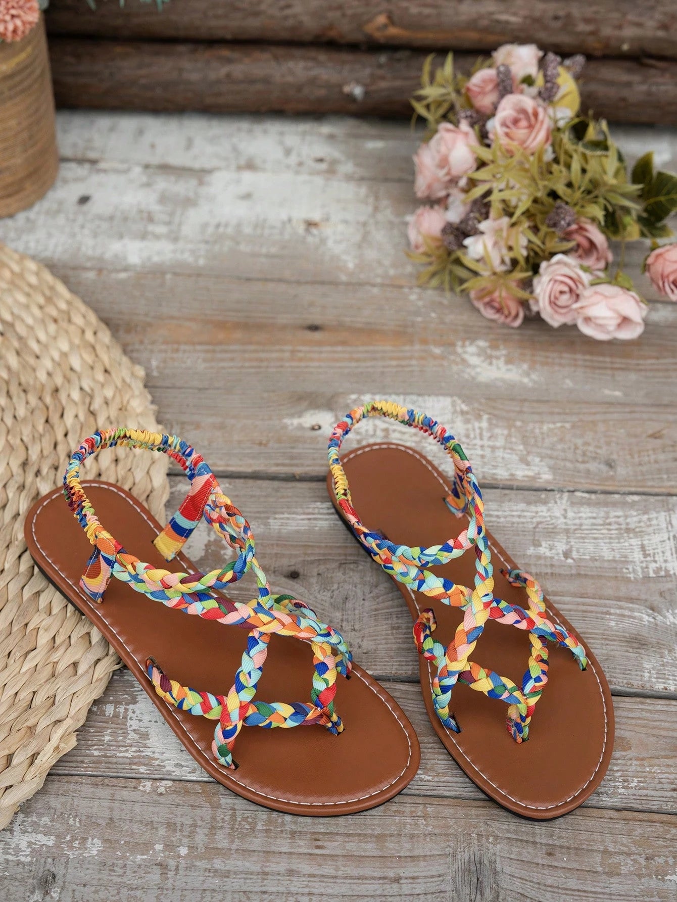 Bohemian Fashion Woven Women's Casual Party Minimalist European & American Style Beach Flat Sandals, Boho Chic