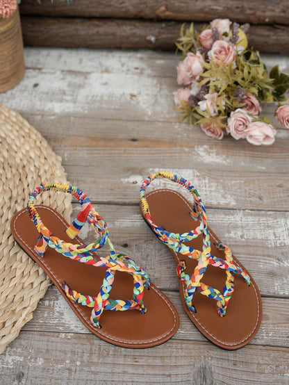 Bohemian Fashion Woven Women's Casual Party Minimalist European & American Style Beach Flat Sandals, Boho Chic