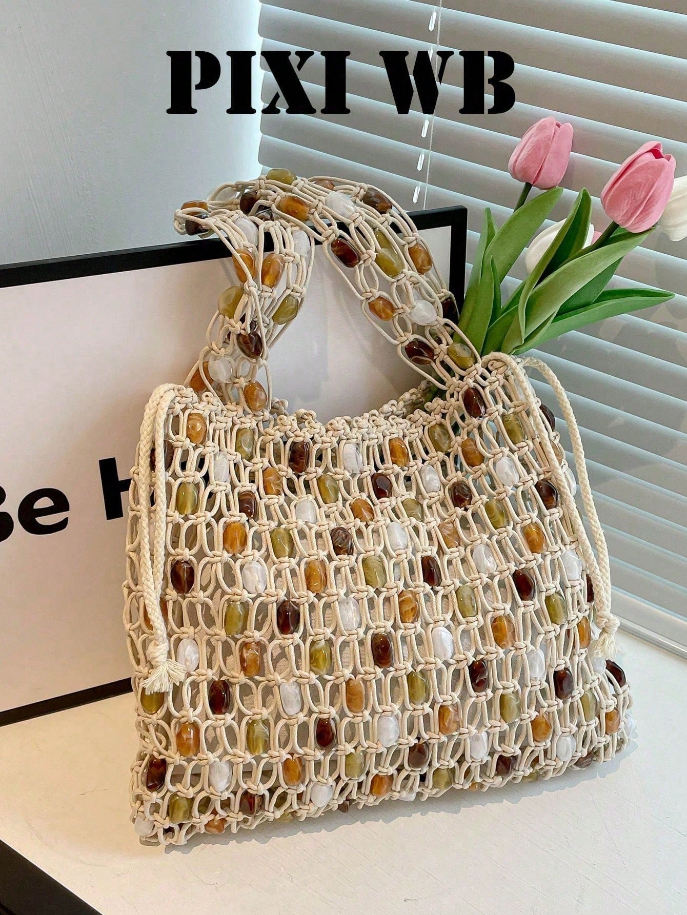 Bohemian Hollow Rope Knot Tote Bag, Integrated Beaded Woven Shoulder Strap And Detachable Drawstring Lining, Fashionable Minimalist Holiday Street Accessory, Essential Item For Fashionable Women, Suit