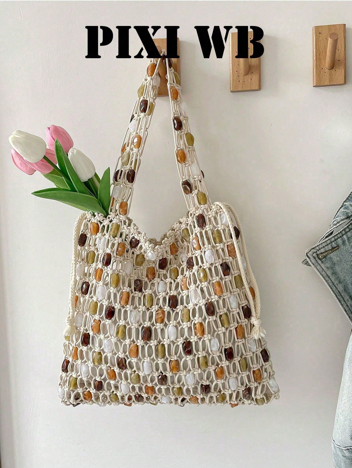 Bohemian Hollow Rope Knot Tote Bag, Integrated Beaded Woven Shoulder Strap And Detachable Drawstring Lining, Fashionable Minimalist Holiday Street Accessory, Essential Item For Fashionable Women, Suit