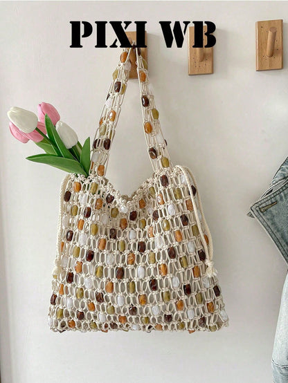 Bohemian Hollow Rope Knot Tote Bag, Integrated Beaded Woven Shoulder Strap And Detachable Drawstring Lining, Fashionable Minimalist Holiday Street Accessory, Essential Item For Fashionable Women, Suit