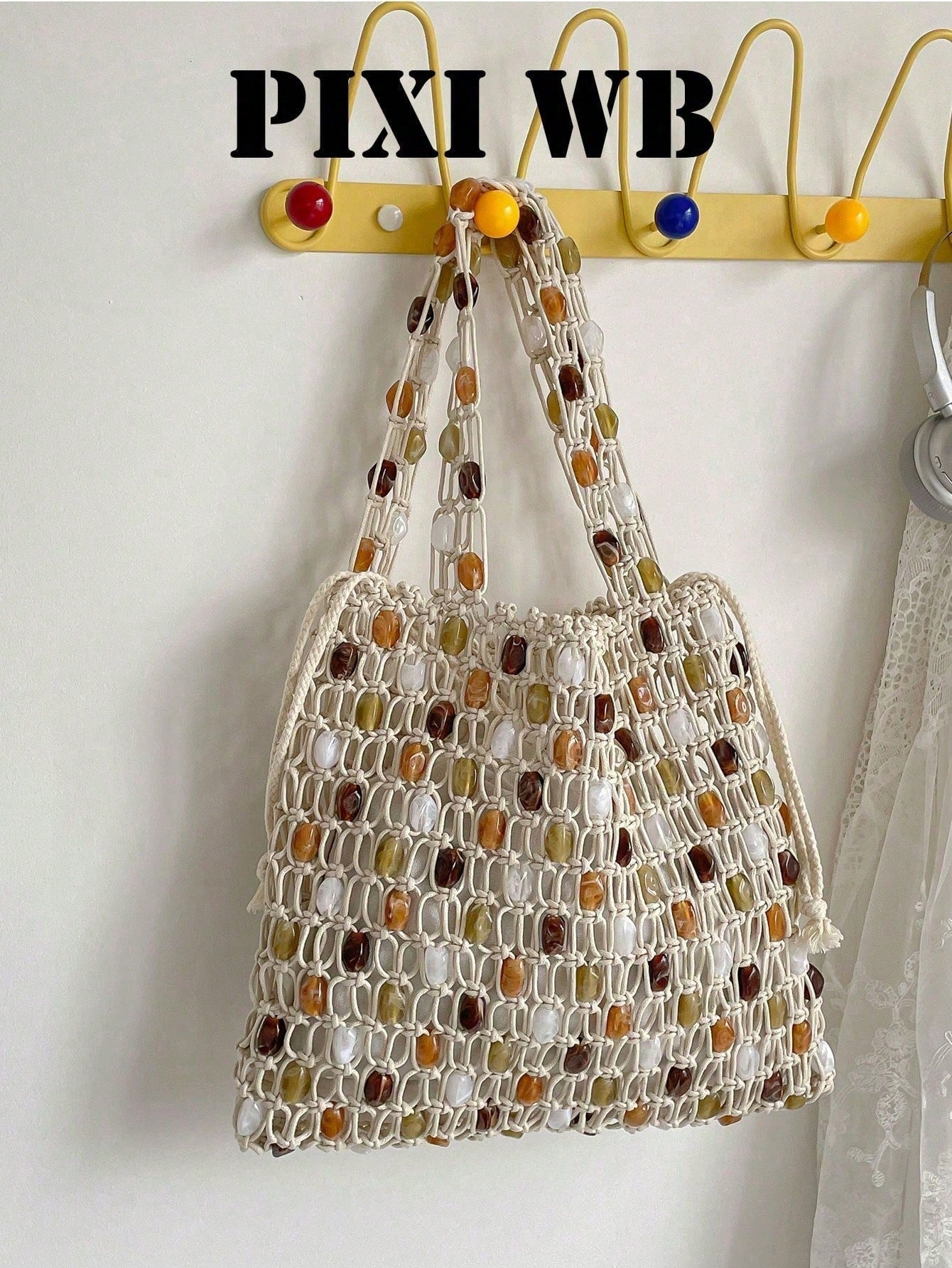 Bohemian Hollow Rope Knot Tote Bag, Integrated Beaded Woven Shoulder Strap And Detachable Drawstring Lining, Fashionable Minimalist Holiday Street Accessory, Essential Item For Fashionable Women, Suit