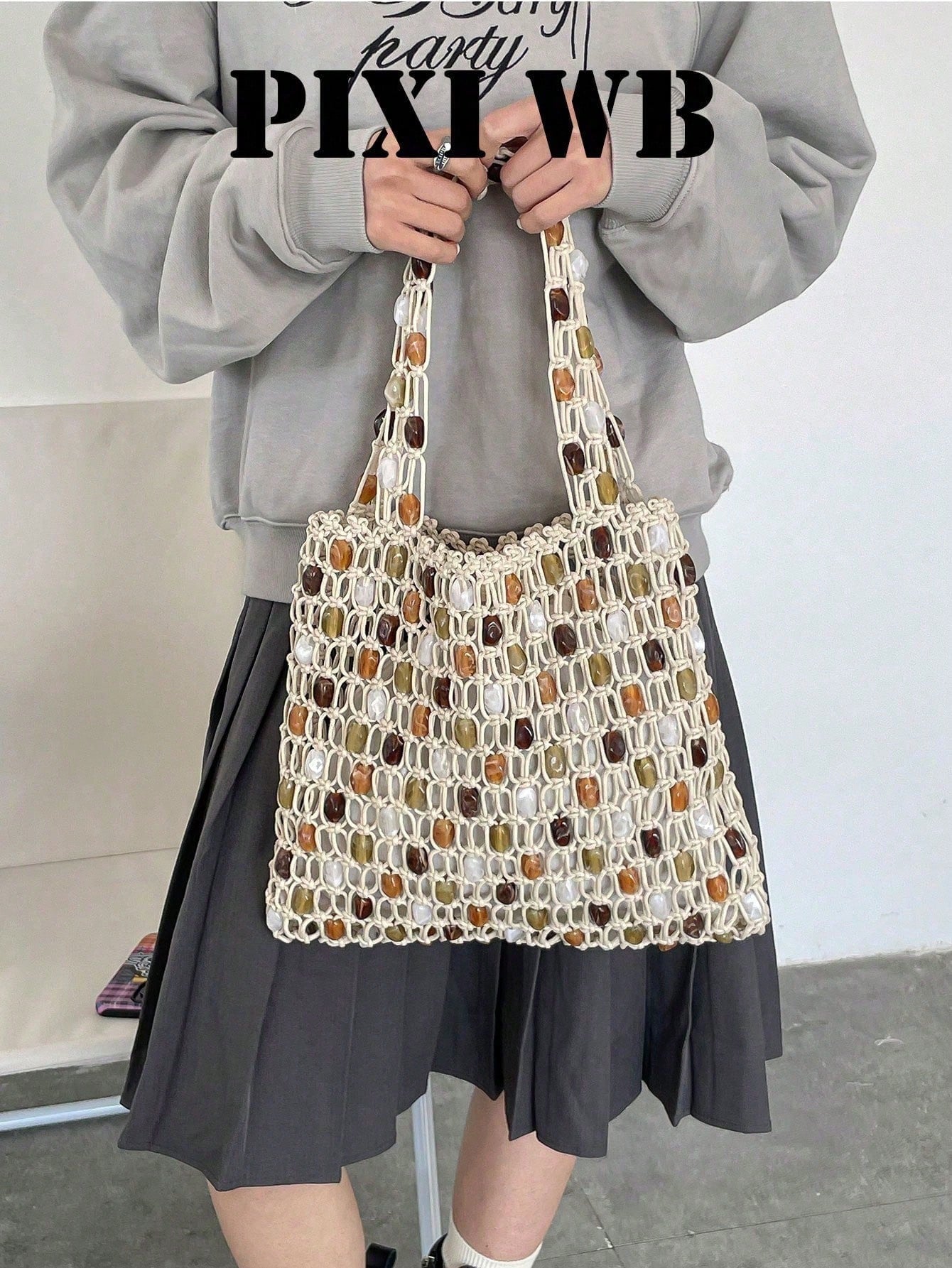 Bohemian Hollow Rope Knot Tote Bag, Integrated Beaded Woven Shoulder Strap And Detachable Drawstring Lining, Fashionable Minimalist Holiday Street Accessory, Essential Item For Fashionable Women, Suit