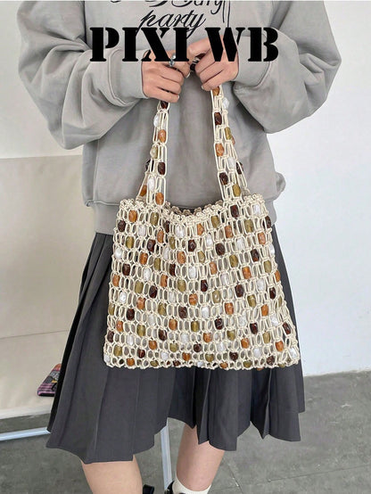 Bohemian Hollow Rope Knot Tote Bag, Integrated Beaded Woven Shoulder Strap And Detachable Drawstring Lining, Fashionable Minimalist Holiday Street Accessory, Essential Item For Fashionable Women, Suit