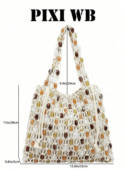 Bohemian Hollow Rope Knot Tote Bag, Integrated Beaded Woven Shoulder Strap And Detachable Drawstring Lining, Fashionable Minimalist Holiday Street Accessory, Essential Item For Fashionable Women, Suit
