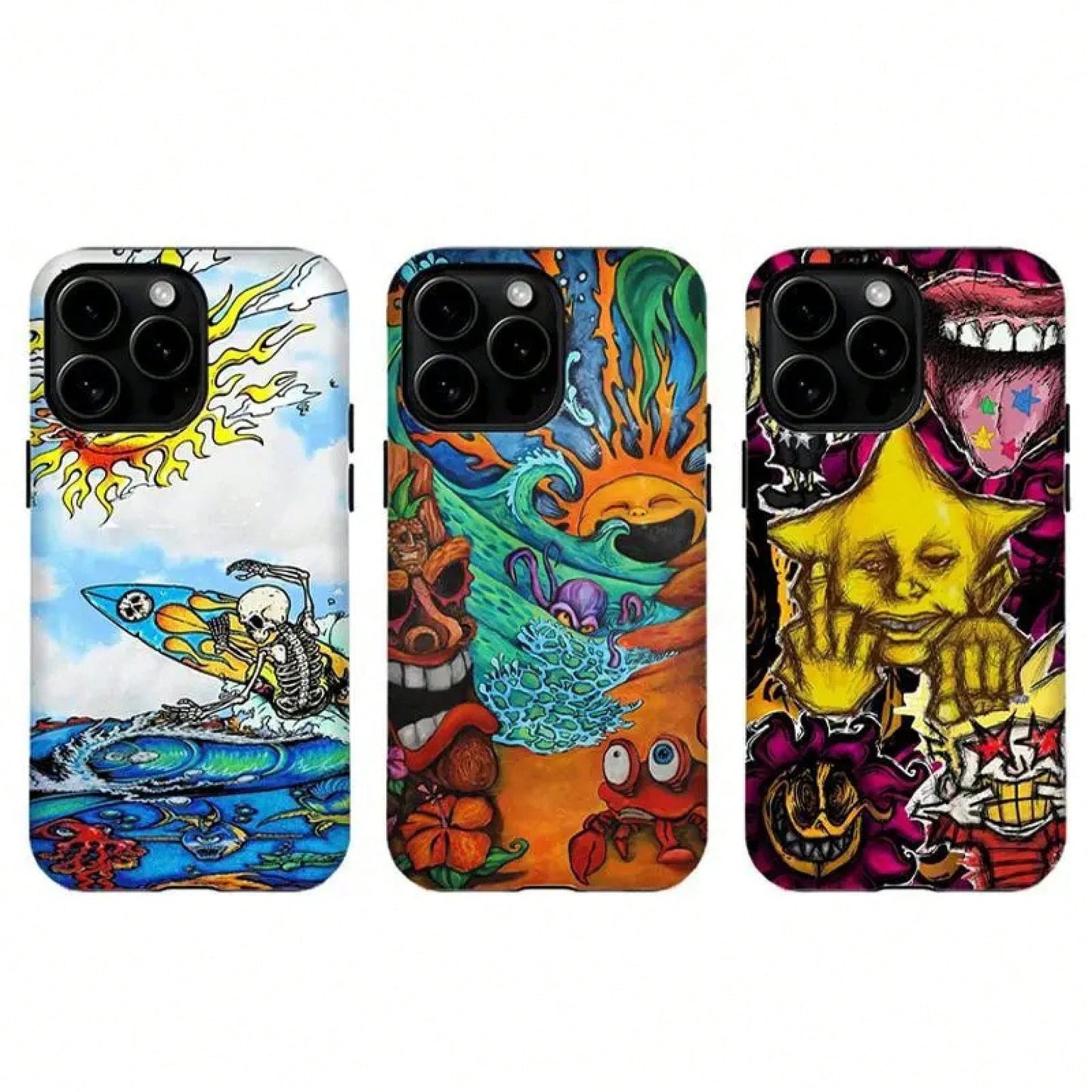 Bold Colorful Skull & Wave Art,Tough Phone Case,For 16 15 14 13 12 11 17Pro Max,For S25 S24 S23 S22 Ultra,Gifts For Fans, Phone Accessories 3d Phone Case Pink Phone Case 14 Plus Cases Funny Phone Case