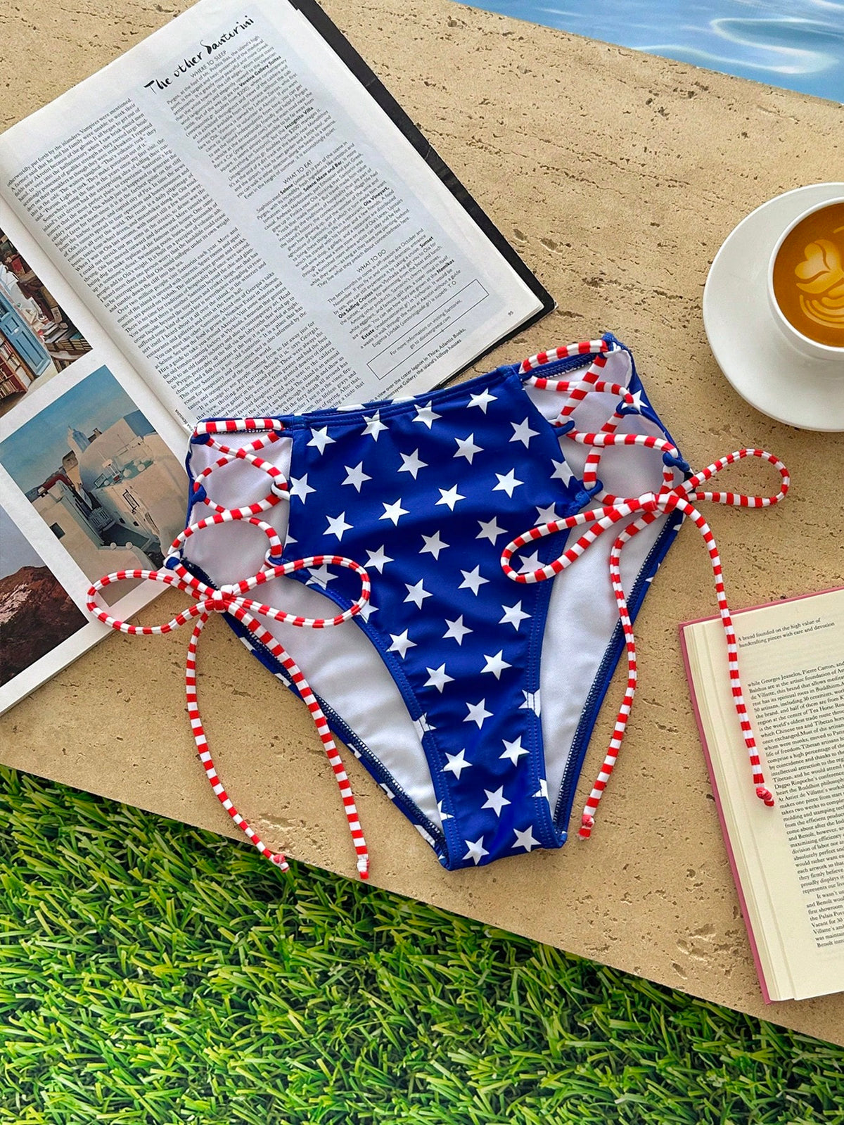 Bonvoyette Women's Summer Beach American Flag Print Side Tie Bikini Bottoms