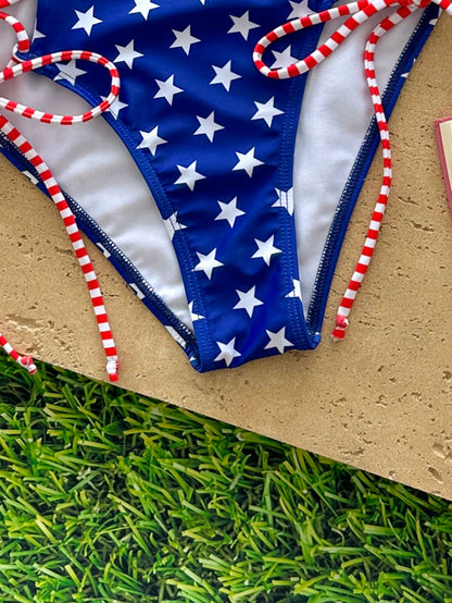 Bonvoyette Women's Summer Beach American Flag Print Side Tie Bikini Bottoms