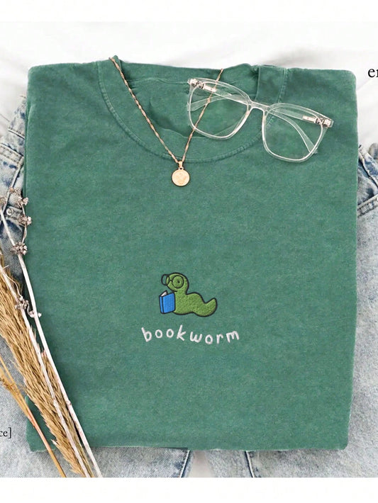 Bookworm Embroidered T-Shirt- Cute And Comfortable Color Shirt Suitable For Book Lovers, Book Lover Gift Women T-Shirt