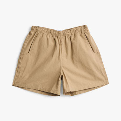 Brother Brother Ripstop Baggie Shorts. Front view of khaki shorts with elastic waistband, angled side pockets and straight hems.