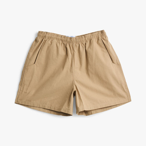 Brother Brother Ripstop Baggie Shorts. Front view of khaki shorts with elastic waistband, angled side pockets and straight hems.