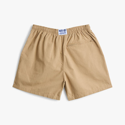 Brother Brother Ripstop Baggie Shorts. Back view of khaki shorts with elastic waistband and rear pocket.