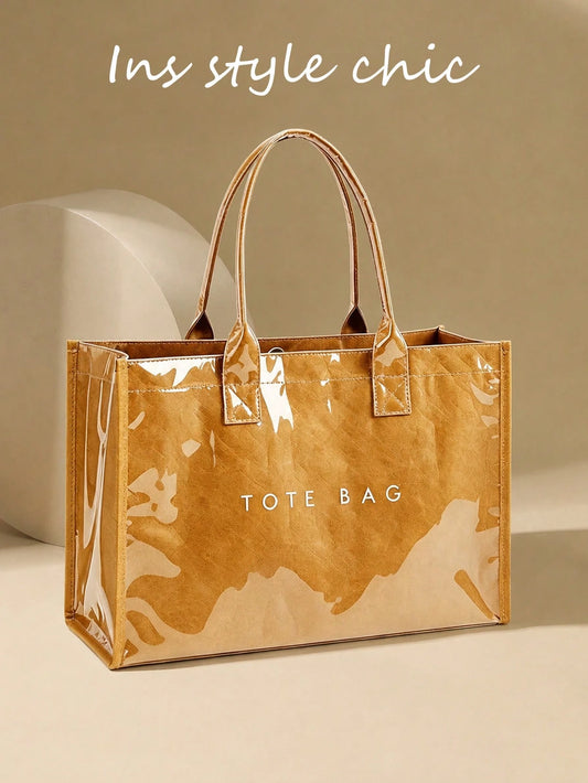 Brown Transparent Plastic Cover Shoulder Tote Bag, Waterproof Glossy Minimalist Letter Pattern Handbag, Suitable For Office Daily Shopping