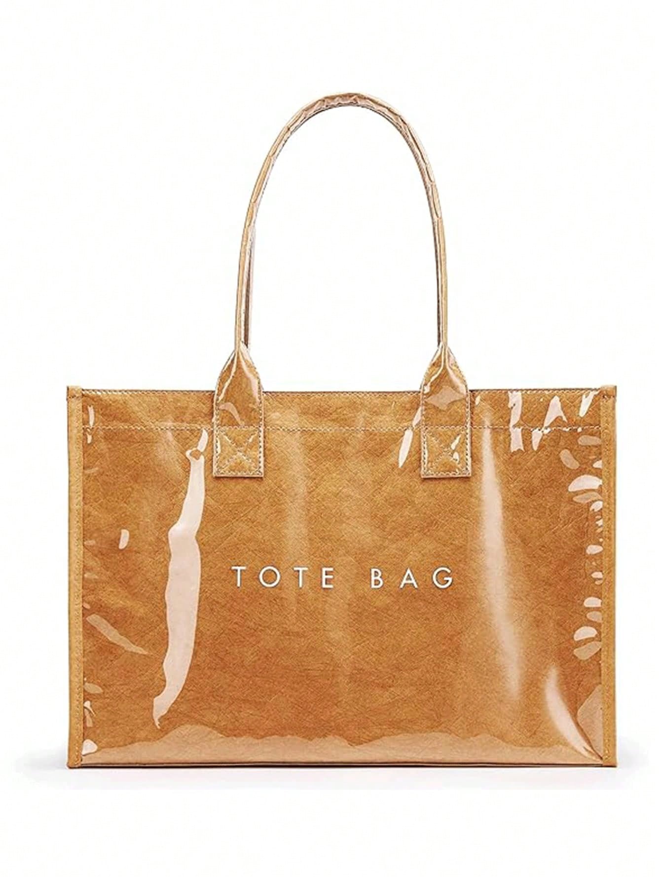 Brown Transparent Plastic Cover Shoulder Tote Bag, Waterproof Glossy Minimalist Letter Pattern Handbag, Suitable For Office Daily Shopping