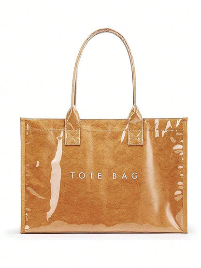 Brown Transparent Plastic Cover Shoulder Tote Bag, Waterproof Glossy Minimalist Letter Pattern Handbag, Suitable For Office Daily Shopping