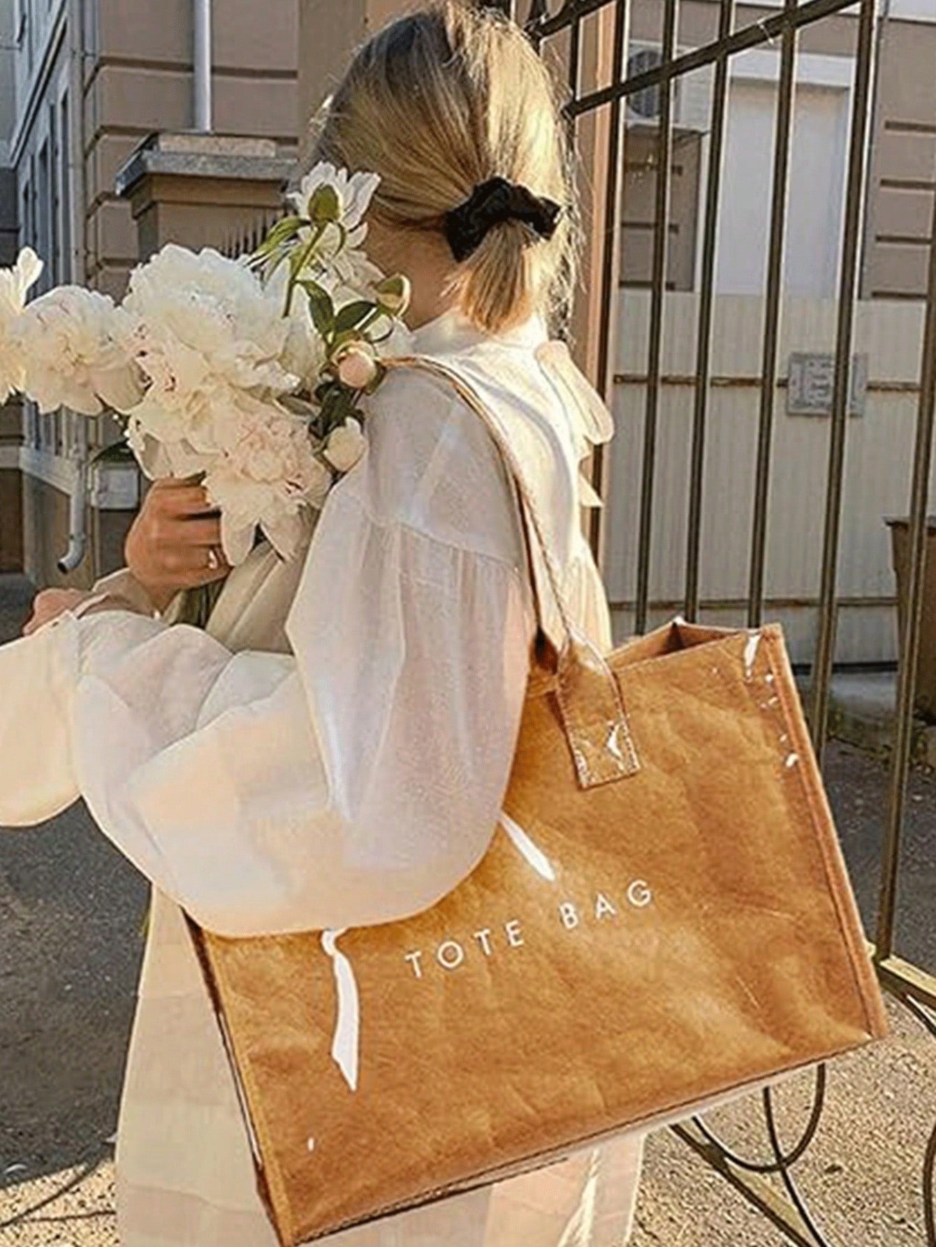 Brown Transparent Plastic Cover Shoulder Tote Bag, Waterproof Glossy Minimalist Letter Pattern Handbag, Suitable For Office Daily Shopping