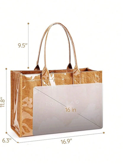 Brown Transparent Plastic Cover Shoulder Tote Bag, Waterproof Glossy Minimalist Letter Pattern Handbag, Suitable For Office Daily Shopping