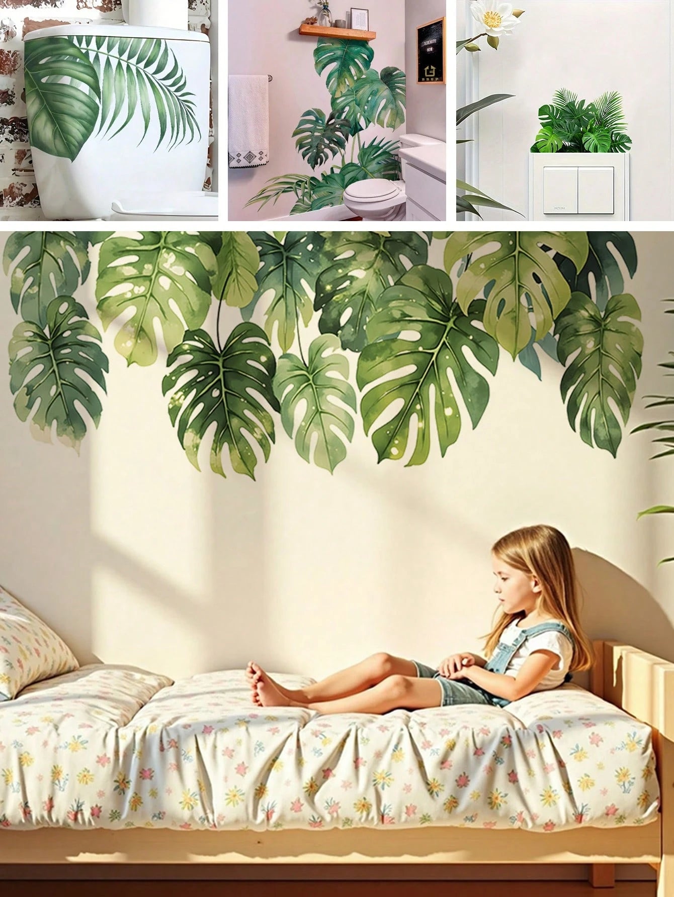 BRUP 1/2 Sheets/Set Lively Green Monstera Leaf Wall Decals| Tropical Jungle Nursery Stickers For Girls Room Wall Art| Self-Adhesive Kids Room Decor
