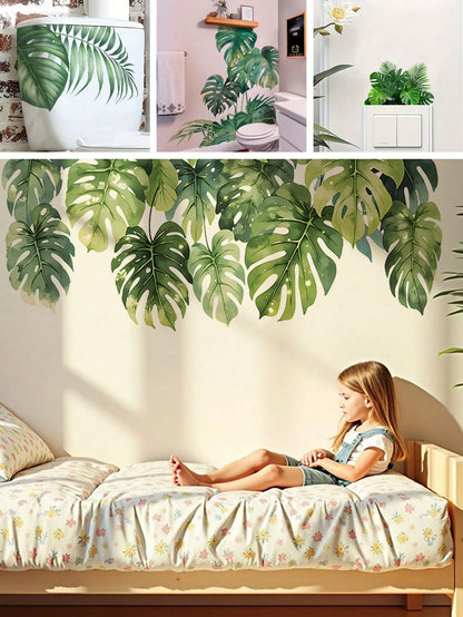 BRUP 1/2 Sheets/Set Lively Green Monstera Leaf Wall Decals| Tropical Jungle Nursery Stickers For Girls Room Wall Art| Self-Adhesive Kids Room Decor