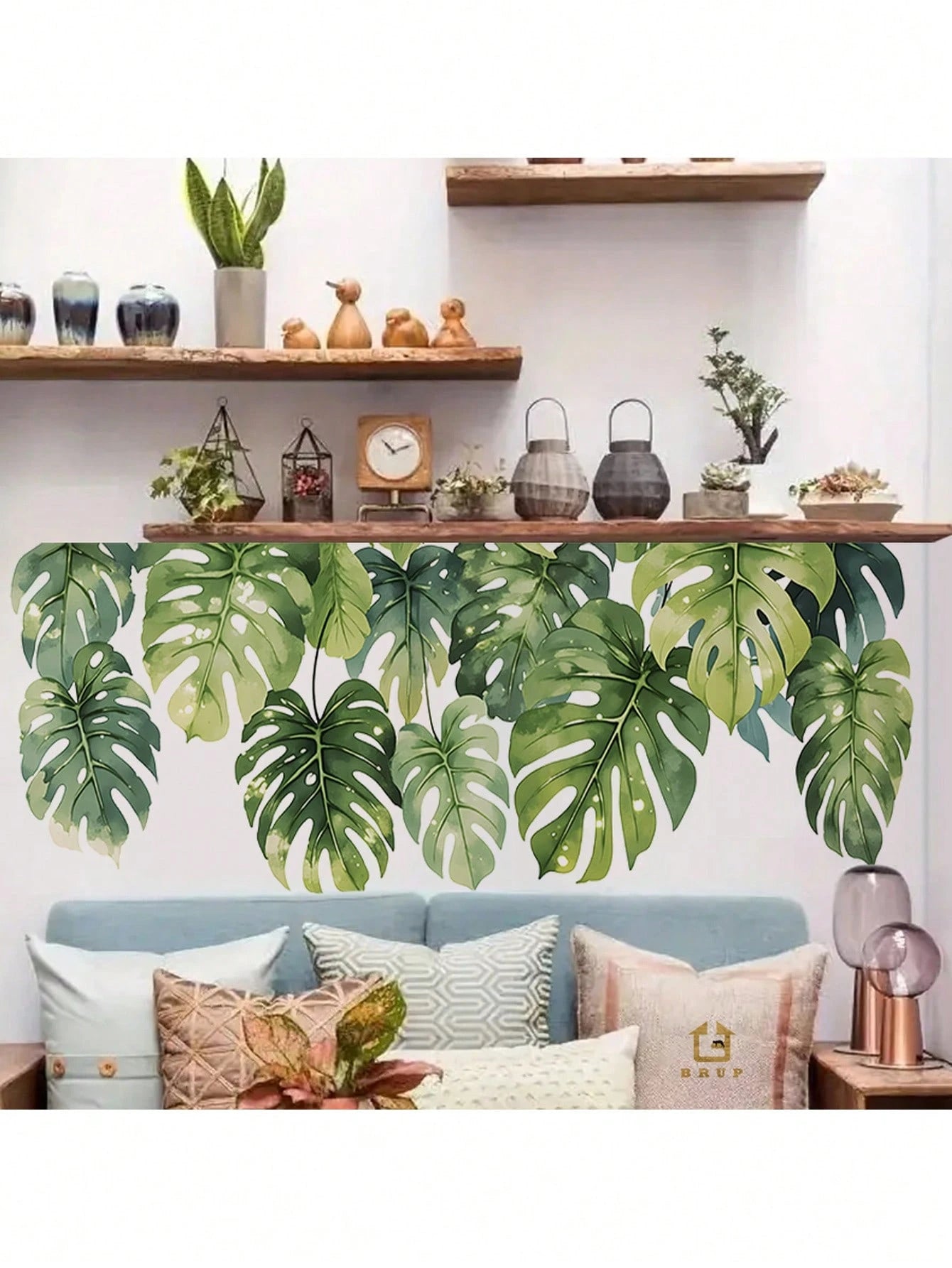 BRUP 1/2 Sheets/Set Lively Green Monstera Leaf Wall Decals| Tropical Jungle Nursery Stickers For Girls Room Wall Art| Self-Adhesive Kids Room Decor