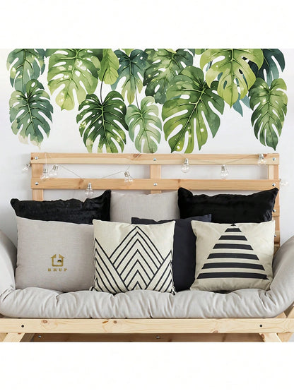 BRUP 1/2 Sheets/Set Lively Green Monstera Leaf Wall Decals| Tropical Jungle Nursery Stickers For Girls Room Wall Art| Self-Adhesive Kids Room Decor