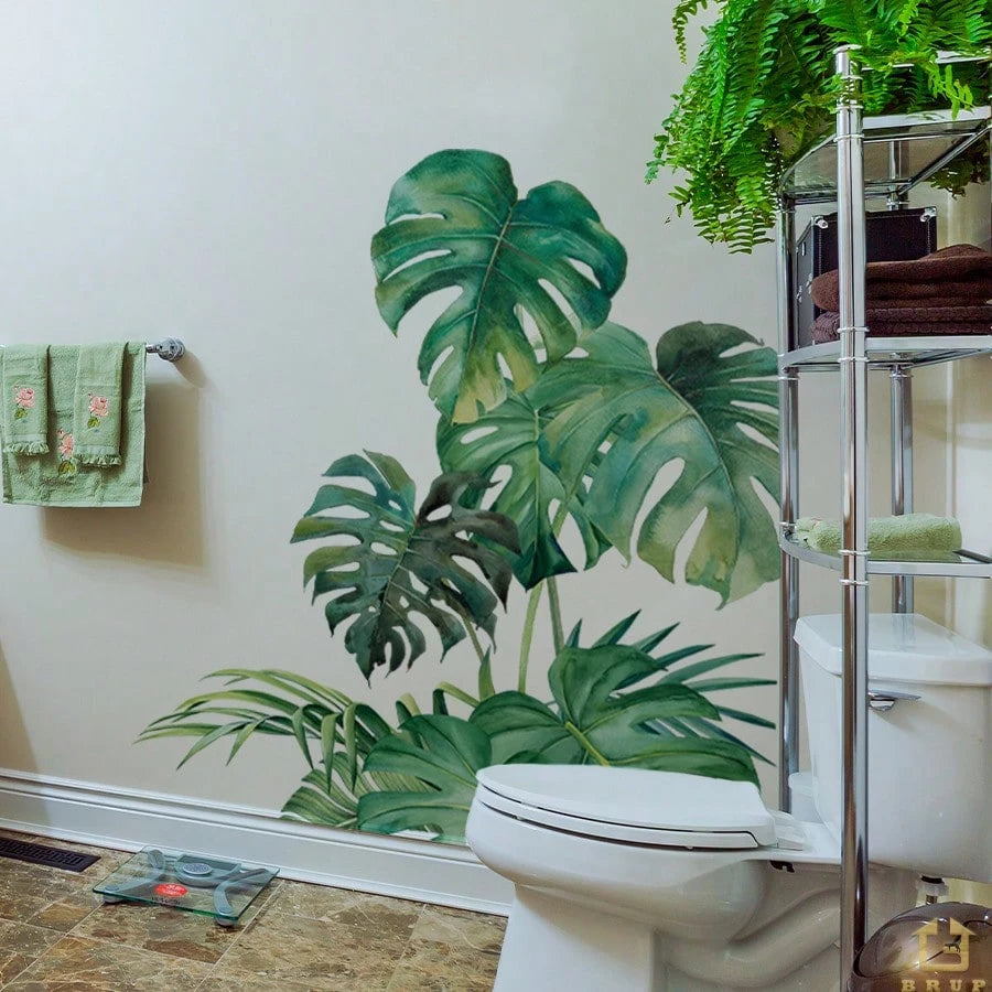 BRUP 1/2 Sheets/Set Lively Green Monstera Leaf Wall Decals| Tropical Jungle Nursery Stickers For Girls Room Wall Art| Self-Adhesive Kids Room Decor