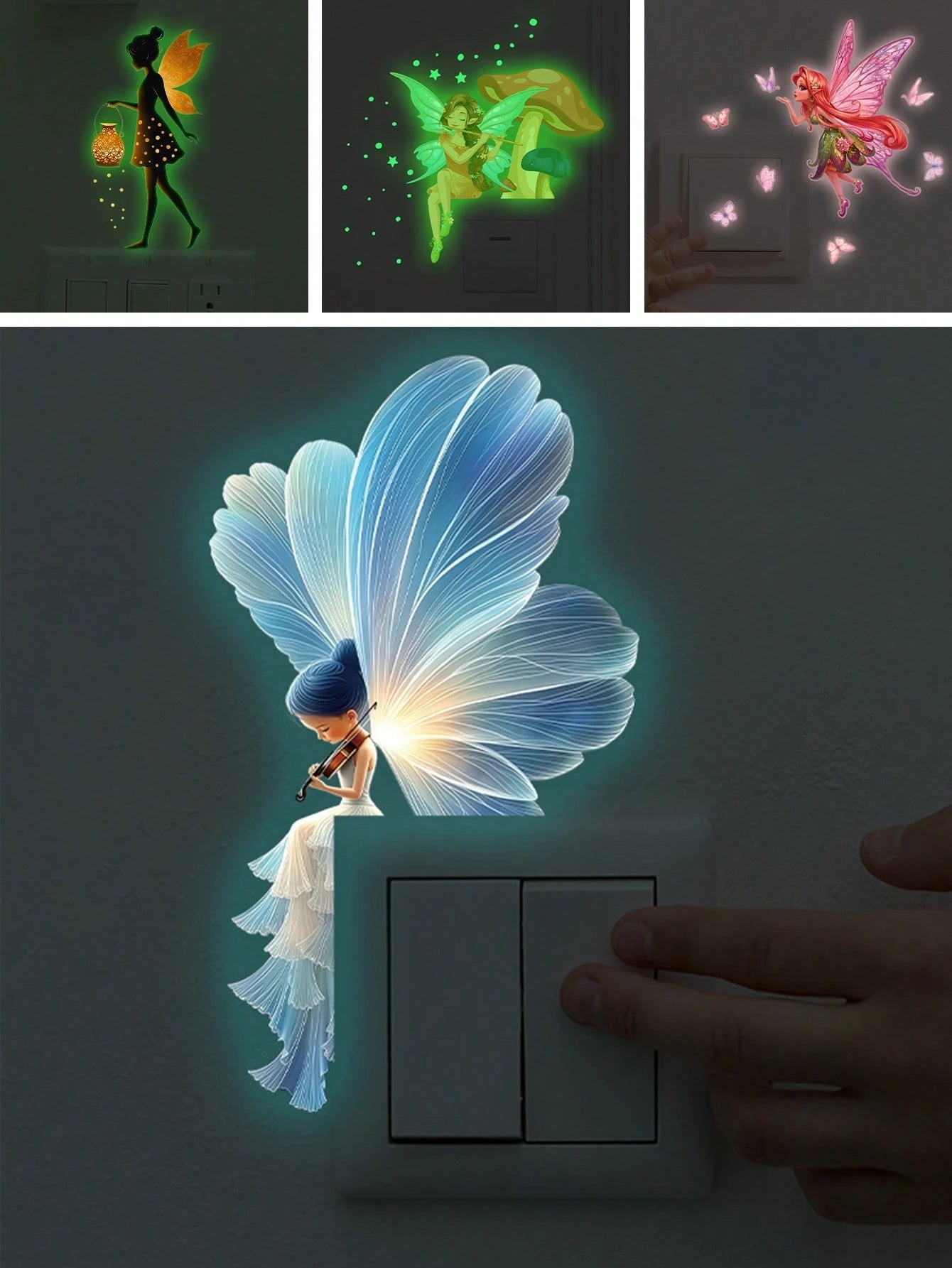 BRUP 1PC Glow In The Dark Whimsical Fairy Night Light Sticker Blue Glow Violinist Serenading Cottagecor Self-Adhesive Decal For Bedroom Living Room Nursery