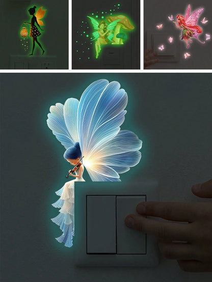 BRUP 1PC Glow In The Dark Whimsical Fairy Night Light Sticker Blue Glow Violinist Serenading Cottagecor Self-Adhesive Decal For Bedroom Living Room Nursery