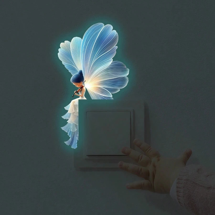 BRUP 1PC Glow In The Dark Whimsical Fairy Night Light Sticker Blue Glow Violinist Serenading Cottagecor Self-Adhesive Decal For Bedroom Living Room Nursery