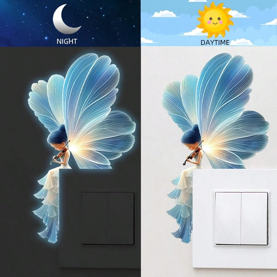 BRUP 1PC Glow In The Dark Whimsical Fairy Night Light Sticker Blue Glow Violinist Serenading Cottagecor Self-Adhesive Decal For Bedroom Living Room Nursery