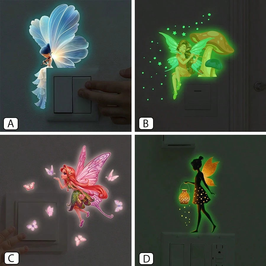 BRUP 1PC Glow In The Dark Whimsical Fairy Night Light Sticker Blue Glow Violinist Serenading Cottagecor Self-Adhesive Decal For Bedroom Living Room Nursery