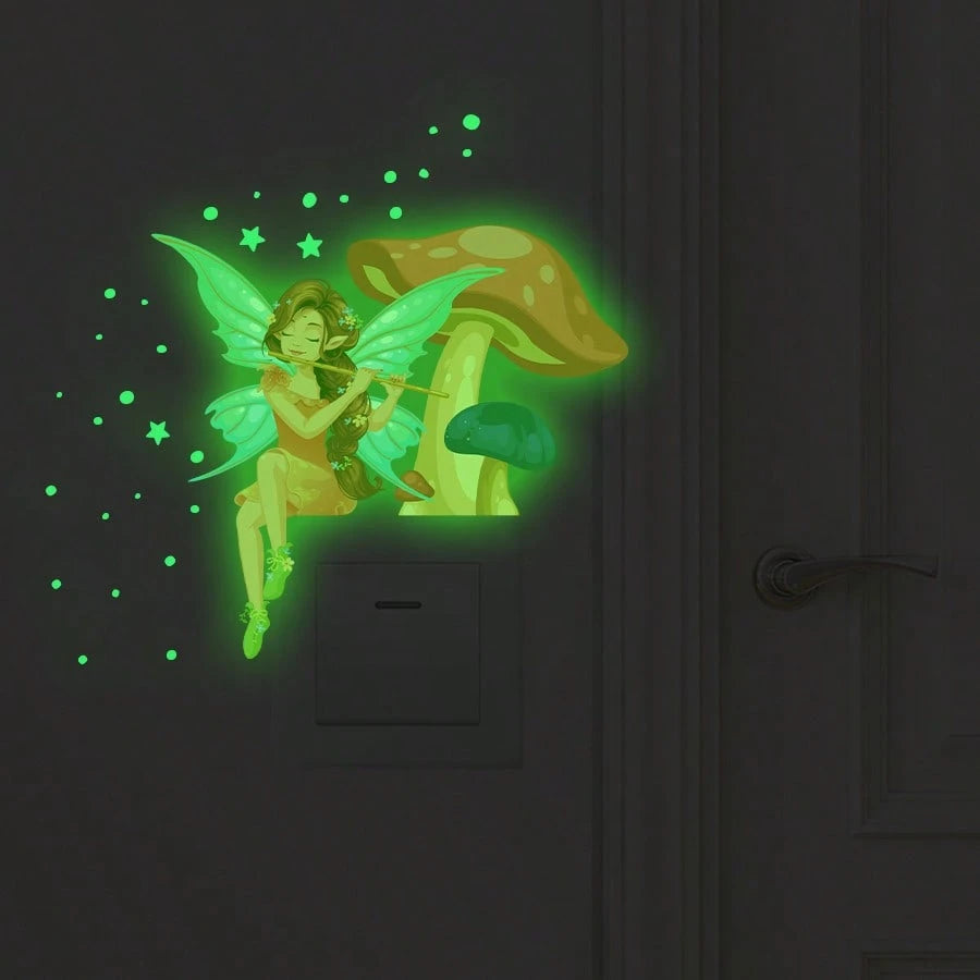 BRUP 1PC Glow In The Dark Whimsical Fairy Night Light Sticker Blue Glow Violinist Serenading Cottagecor Self-Adhesive Decal For Bedroom Living Room Nursery