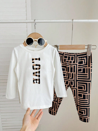 Bubblio Baby Girl White Autumn Cute Holiday Knit Set,Bear Print Long Sleeve Top & Geometric Pattern Leggings,2pcs Streetwear Winter Outfits,Love Is Kind