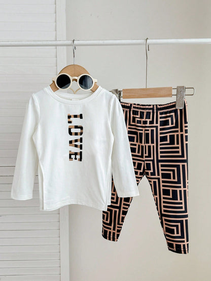 Bubblio Baby Girl White Autumn Cute Holiday Knit Set,Bear Print Long Sleeve Top & Geometric Pattern Leggings,2pcs Streetwear Winter Outfits,Love Is Kind