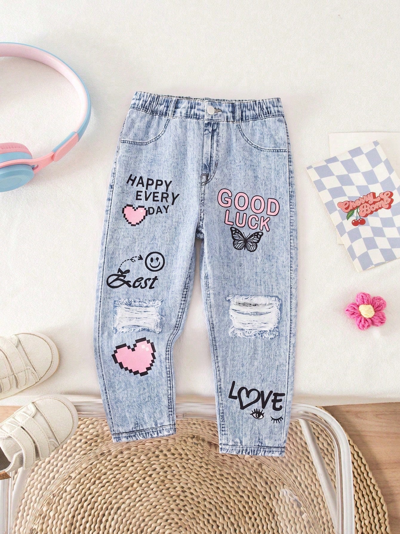 Bubblio Babygirl Cute Street Style Graphic Print Elastic Waist Pants
