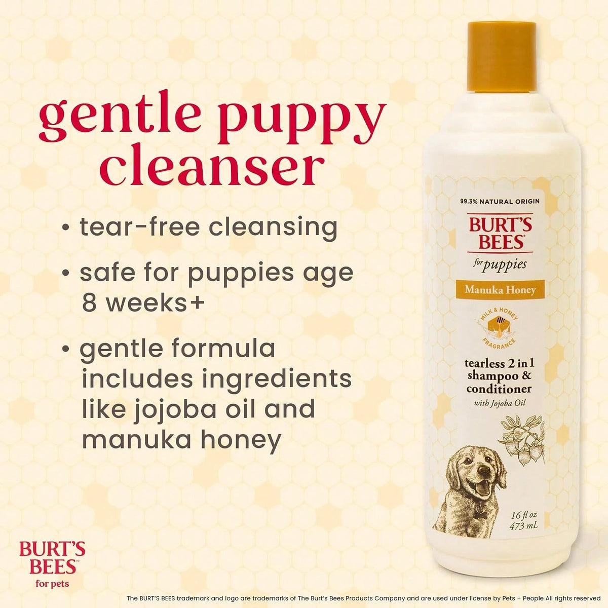 Burt'S Bees For Pets Manuka Honey Tearless 2-In-1 Dog Shampoo And Conditioner, With Jojoba Oil, 95% Natural Origin, Free Of Sulfates, Milk And Honey Scent, 16 Fl Oz
