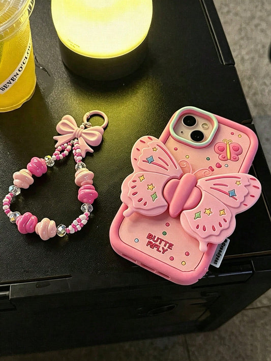 Butterfly Element Silicone Cute Pink Fashion Phone Case 3D Butterfly Strap Stand Phone Case With Phone Charm Compatible With IPhone 14, Compatible With Apple 12 Pro Max/11/13 Silicone Case Female Wate