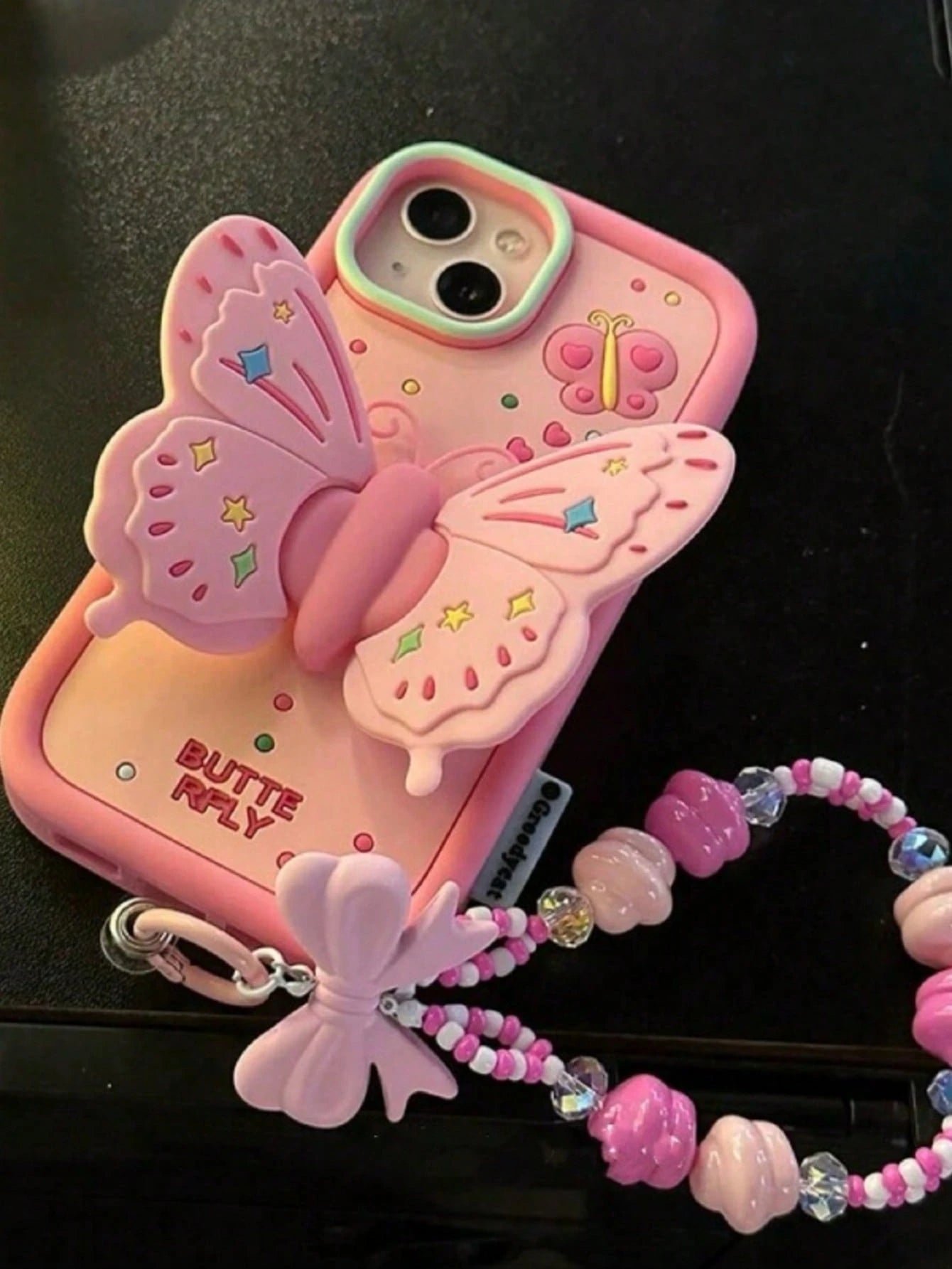 Butterfly Element Silicone Cute Pink Fashion Phone Case 3D Butterfly Strap Stand Phone Case With Phone Charm Compatible With IPhone 14, Compatible With Apple 12 Pro Max/11/13 Silicone Case Female Wate